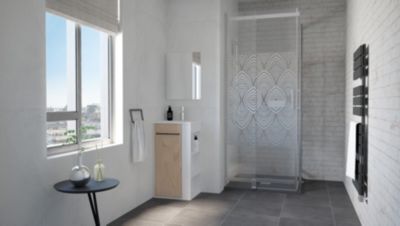 Meuble tout en un compact l.44 x H.84 cm blanc mat et porte effet bois, Ondee Nova