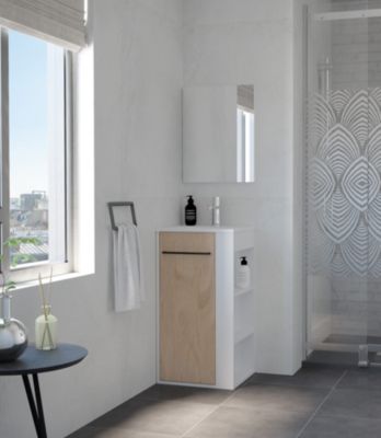Meuble tout en un compact l.44 x H.84 cm blanc mat et porte effet bois, Ondee Nova
