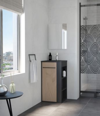 Meuble tout en un compact l.44 x H.84 cm noir mat et porte effet bois, Ondee Nova