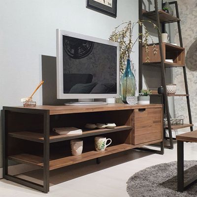 Meuble TV 1 porte 2 niches en bois d'acacia et métal - MAYBEL