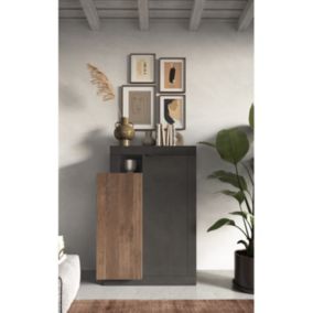 Meuble TV 1 porte 2 tiroirs, collection DOMI, gris anthracite/chêne foncé, pour salon design