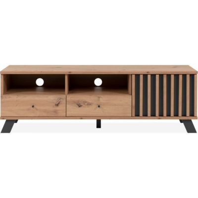 Meuble TV 1 porte 2 tiroirs effet chêne, piètement anthracite 138 cm - Flavia