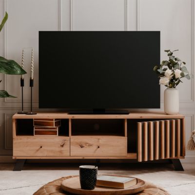 Meuble TV 1 porte 2 tiroirs effet chêne, piètement anthracite 138 cm - Flavia