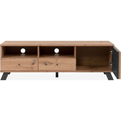 Meuble TV 1 porte 2 tiroirs effet chêne, piètement anthracite 138 cm - Flavia