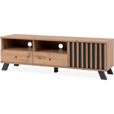 Meuble TV 1 porte 2 tiroirs effet chêne, piètement anthracite 138 cm - Flavia