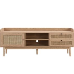 Meuble TV 1 porte 2 tiroirs en bois et cannage naturel 160 cm - Eden