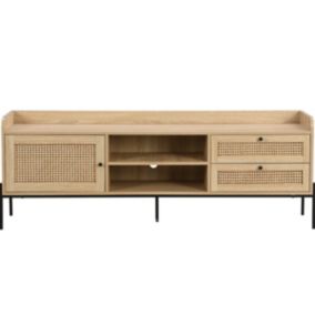 Meuble TV 1 porte 2 tiroirs en cannage naturel et effet chêne 160 cm - Iris