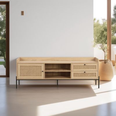 Meuble TV 1 porte 2 tiroirs en cannage naturel et effet chêne 160 cm - Iris