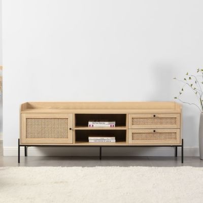 Meuble TV 1 porte 2 tiroirs en cannage naturel et effet chêne 160 cm - Iris