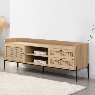 Meuble TV 1 porte 2 tiroirs en cannage naturel et effet chêne 160 cm - Iris