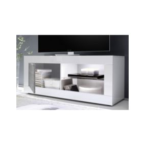 Meuble TV 1 porte, collection CISA, coloris blanc laqué brillant et gris effet béton