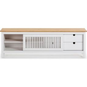 Meuble TV 1 porte coulissante 2 tiroirs en pin massif 158 cm - Fabia