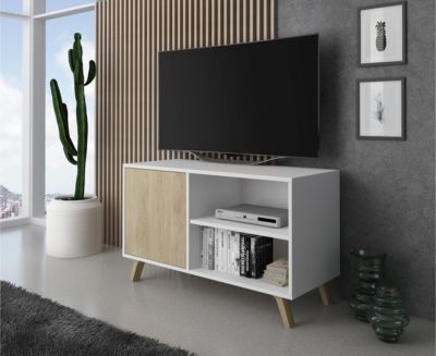 Meuble TV 100 avec porte à gauche, modèle Wind, 95x40x57cm, couleur Blanche et Chêne