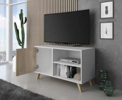 Meuble TV 100 avec porte à gauche, modèle Wind, 95x40x57cm, couleur Blanche et Chêne