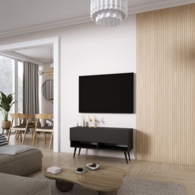 Meuble TV 100 cm Noir Mat, pieds obliques noirs, 100 x 32 x 52 cm