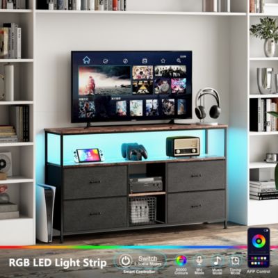 Meuble TV 108 cm avec 4 tiroirs en tissu noir, éclairage LED, structure en fer, pieds réglables en hauteur, Meuble Télé Marron