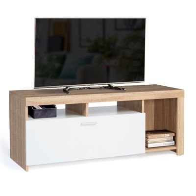 Meuble TV 110 cm MALO bois et placard blanc