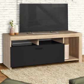 Meuble TV 110 cm MALO bois et placard noir