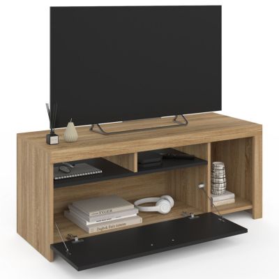 Meuble TV 110 cm MALO bois et placard noir