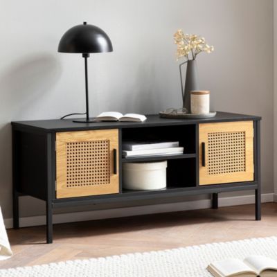 Meuble TV 110 cm Noir Aspect Chêne Lowboard Rotin Panneau de Télévision FineBuy