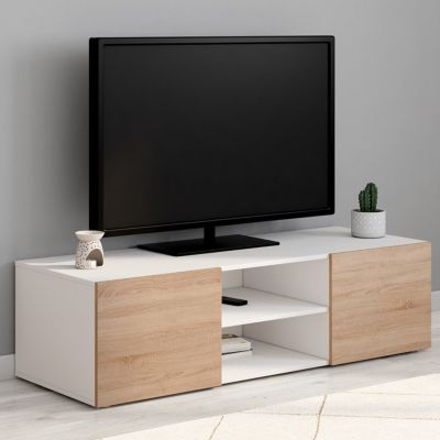 Meuble TV 113 cm ELI blanc portes façon hêtre