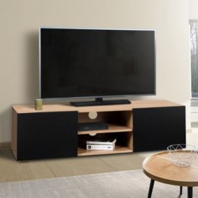 Meuble TV 113 cm ELI bois façon hêtre portes noires