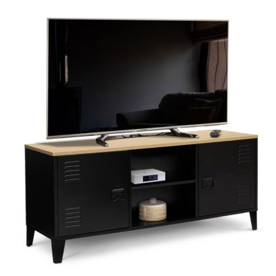 Meuble TV 113 cm ESTER 2 portes métal noir et plateau bois design industriel