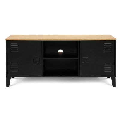 Meuble TV 113 cm ESTER 2 portes métal noir et plateau bois design industriel