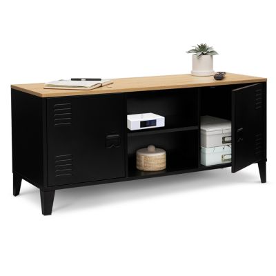 Meuble TV 113 cm ESTER 2 portes métal noir et plateau bois design industriel