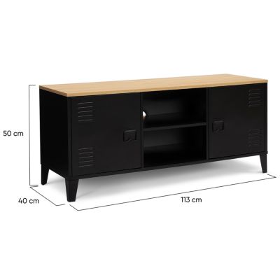 Meuble TV 113 cm ESTER 2 portes métal noir et plateau bois design industriel