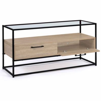 Meuble TV 113 cm SOLANO 2 tiroirs plateau en verre et pied métal design industriel
