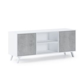 Meuble TV 140 avec 2 portes, modèle Wind, 137x40x57cm, couleur Blanc mat et Ciment