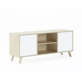 Meuble TV 140 avec 2 portes, modèle Wind, 137x40x57cm, couleur Chêne et Blanche