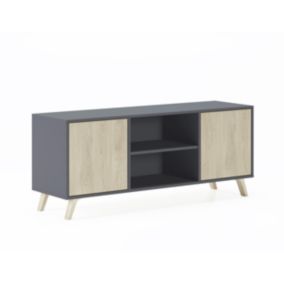 Meuble TV 140 avec 2 portes, modèle Wind, 137x40x57cm, couleur Gris Anthracite et Chêne