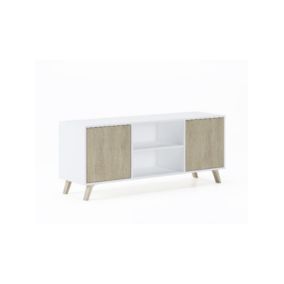 Meuble TV 140 avec 2 portes, salon, modèle Wind, 137x40x57cm, couleur Blanc et Chêne