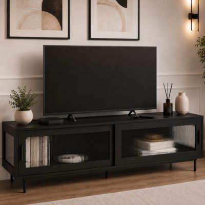 Meuble TV 140 cm ZINEB 2 portes coulissantes vitrées façade cannelée noir