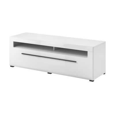 Meuble TV 140cm collection BREDA. Coloris blanc mat et blanc brillant. Style design.