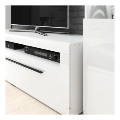 Meuble TV 140cm collection BREDA. Coloris blanc mat et blanc brillant. Style design.