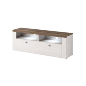 Meuble TV 140cm collection SANTIAGO. Couleur blanc effet bois et chêne. 1 Porte