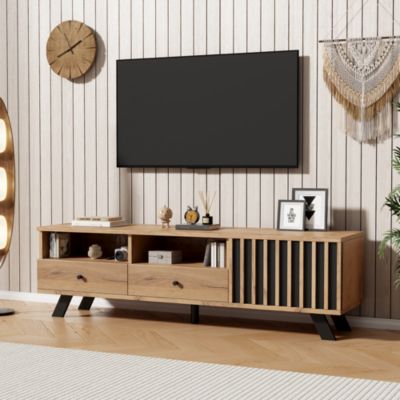 Meuble TV 150 cm en panneaux de particules bois naturel et noir avec 2 tiroirs