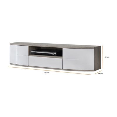 Meuble TV 150cm Collection NOUK. Couleur blanc. 2 portes, 1 tiroir et 1 niche.