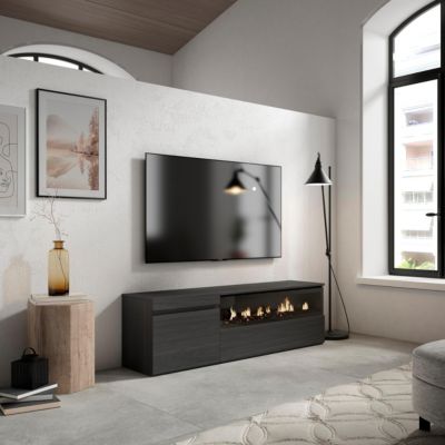 Meuble TV 150x35x45cm feu led sans chaleur couleur noir