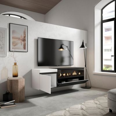 Meuble TV 150x35x45cm feu led sans chaleur mural couleur blanc et noir