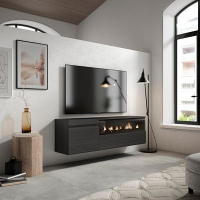 Meuble TV 150x35x45cm feu led sans chaleur mural couleur noir