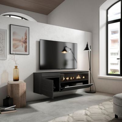 Meuble TV 150x35x45cm feu led sans chaleur mural couleur noir