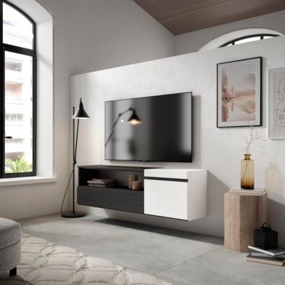 Meuble TV 150x35x45cm suspendu couleur blanc et noir