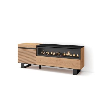 Meuble TV 150x35x57cm feu led sans chaleur couleur chêne