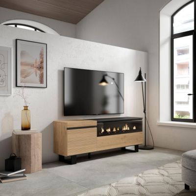Meuble TV 150x35x57cm feu led sans chaleur couleur chêne