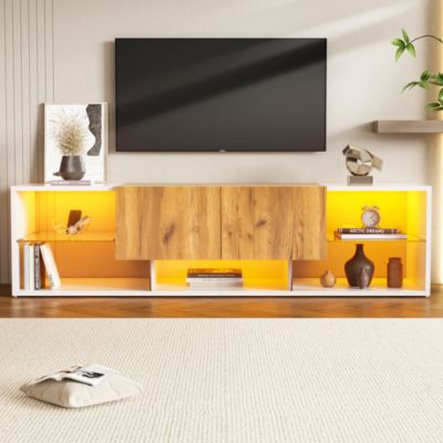 Meuble TV 160 cm en panneaux de particules blanc et bois avec LED et 2 tiroirs
