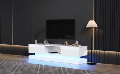 Meuble TV 160x35x40,5 cm blanc laqué avec éclairage LED pilotable, 2 tiroirs et anti-basculement